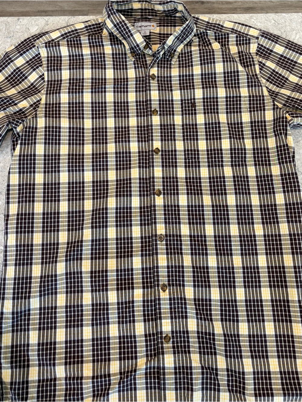 Carhartt Men’s Black, Yellow and Cream Plaid Short Sleeve Button-Down Shirt-XL